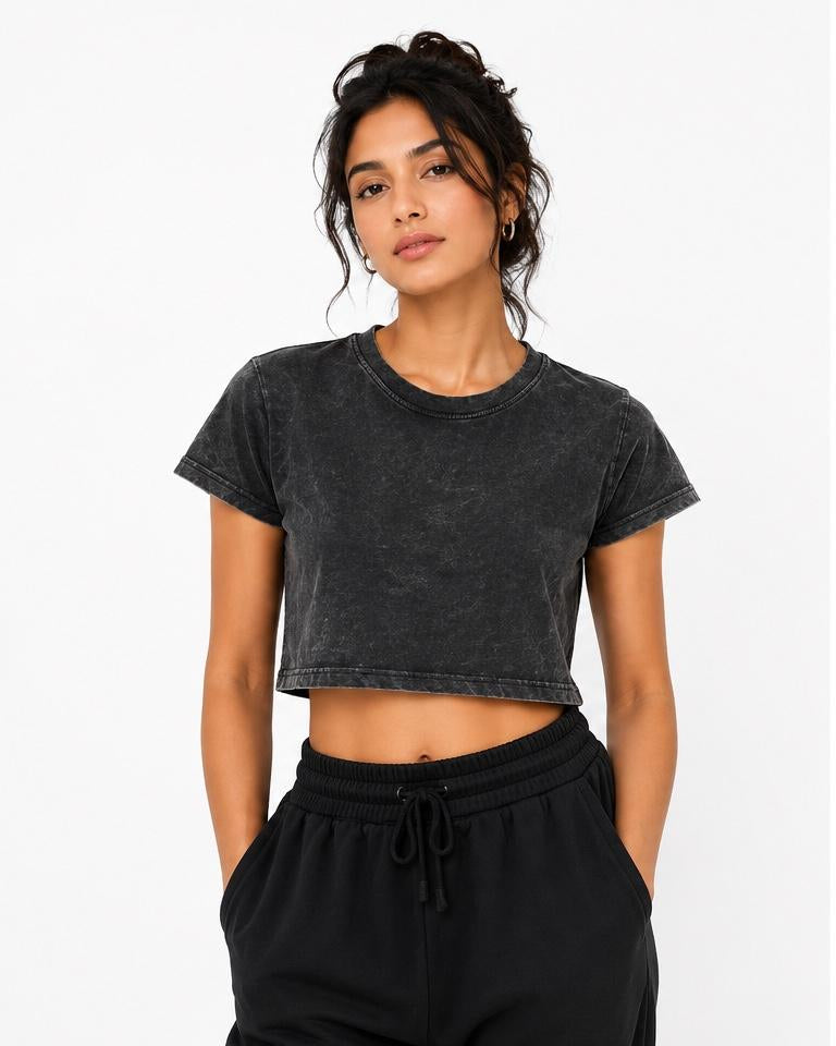 Acid Wash Crop Tee in Black